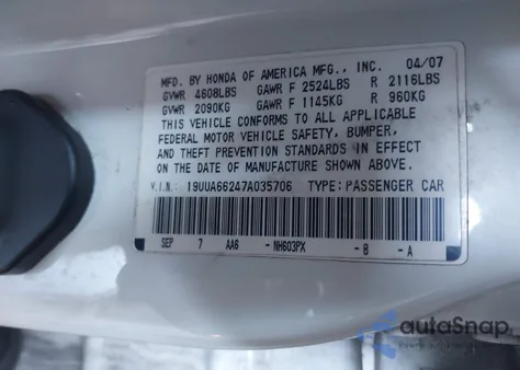 2007 Acura Tl 3.2 from USA, damaged, VIN 19UUA66247A035706